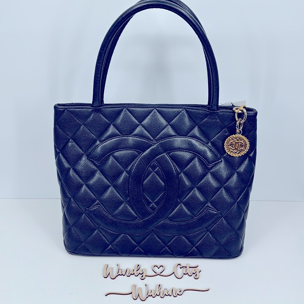 Authenticated CHANEL Caviar Medallion Tote- Navy Blue